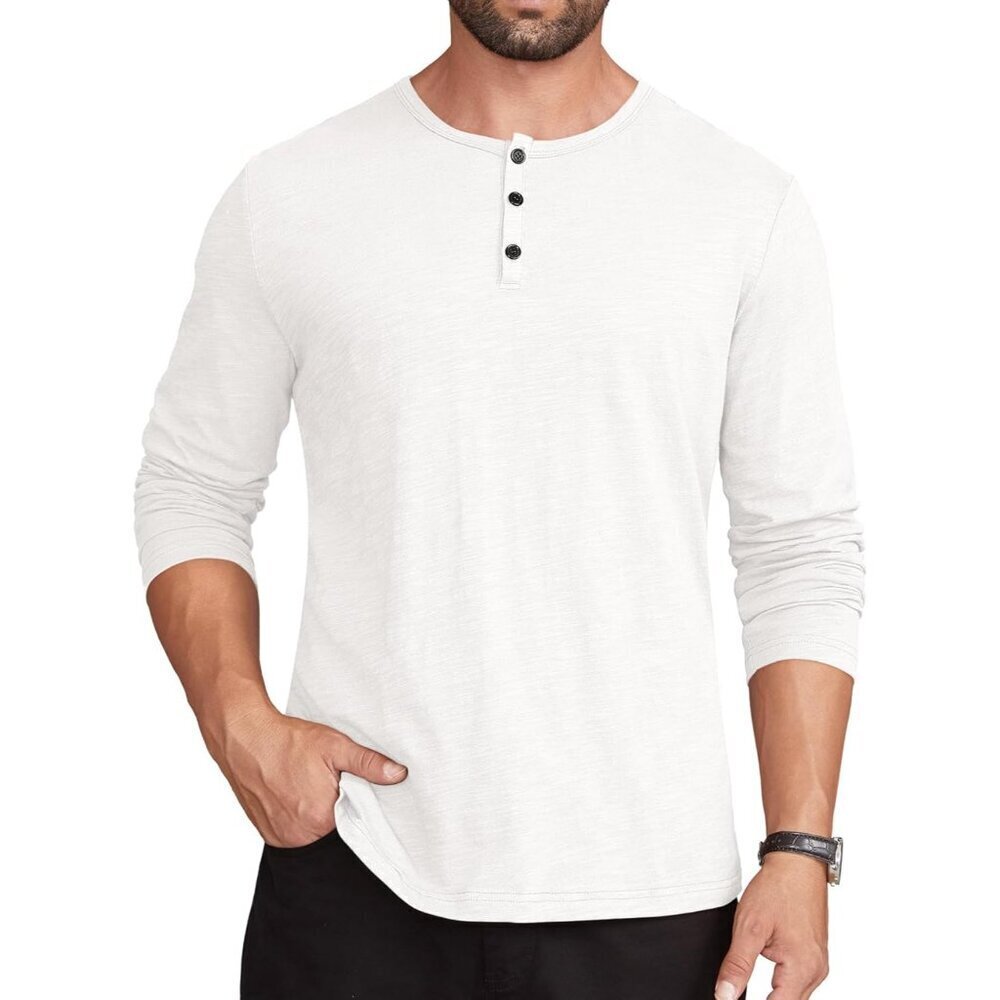 Men's Henley Long Sleeve Shirt Cotton 3-Button Placket Casual Crewneck T-Shirt f